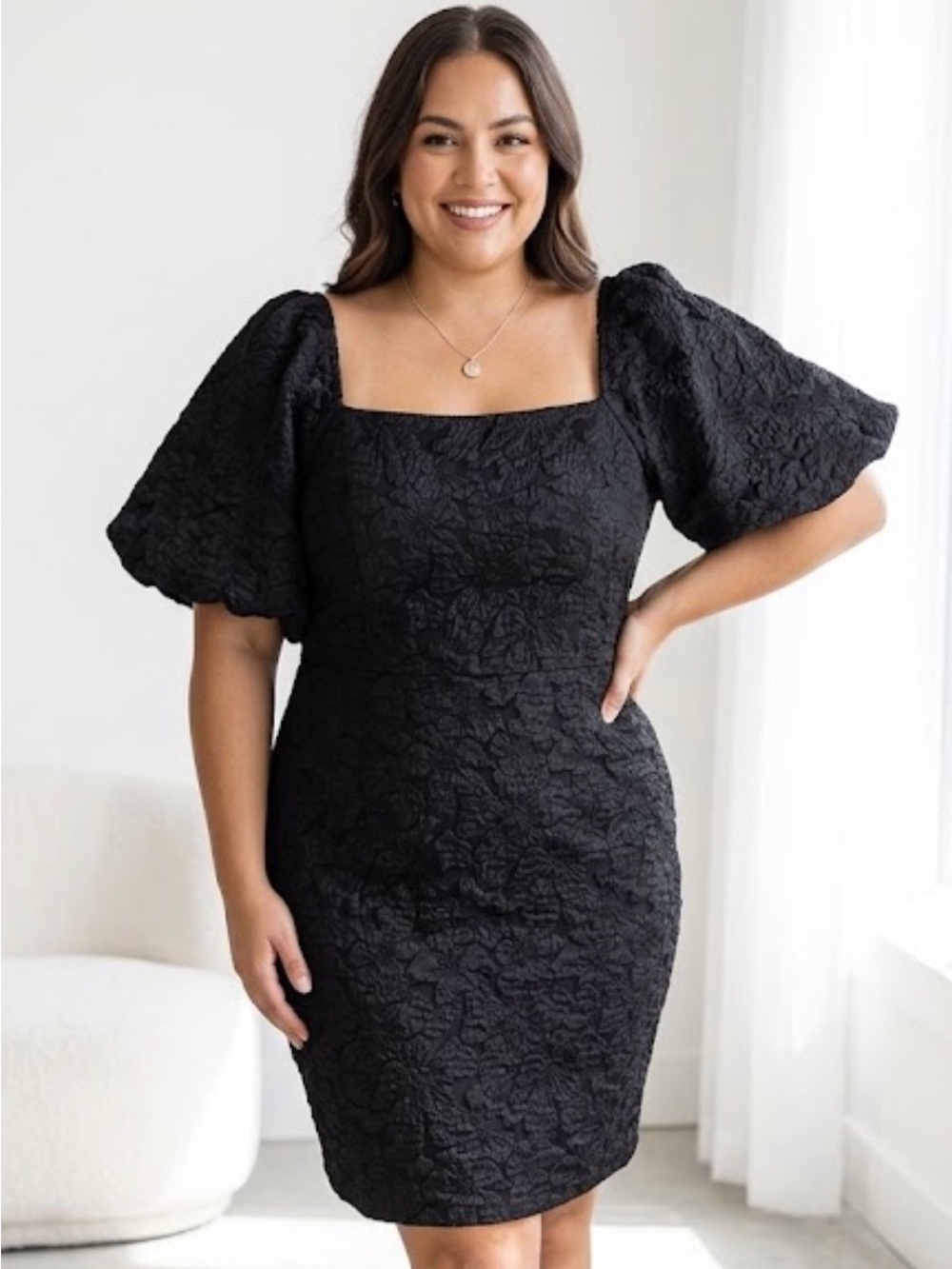 JessaKae Black Textured Puff-Sleeve Square-Neck Mini Dress